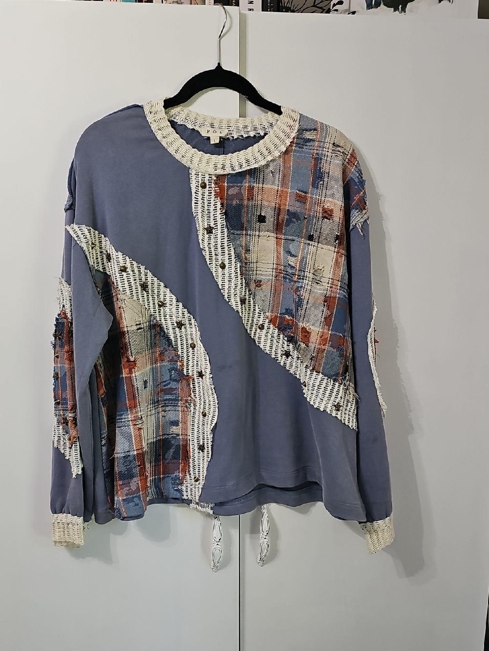 POL Blue Top with Cream Knit Studded Trim around Patchwork Design